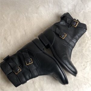 Kate Spade Black Leather Moto Boots with Gold Buckles